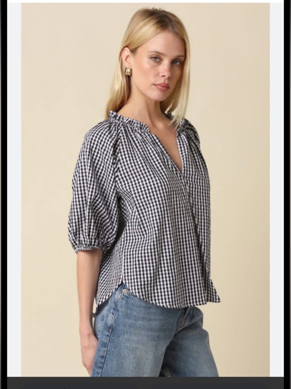 crown & ivy size S navy gingham ruffle
Peasant Blouse puff 3/4 sleeves